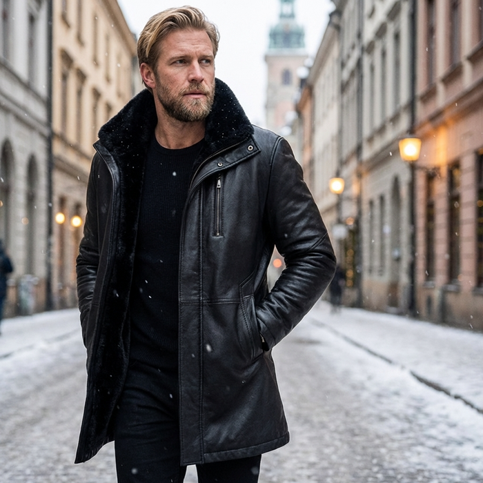 Men's Fleece-Lined Genuine Leather Jacket – Sheepskin Suede Mid-Length Zip Coat with Lapel Collar