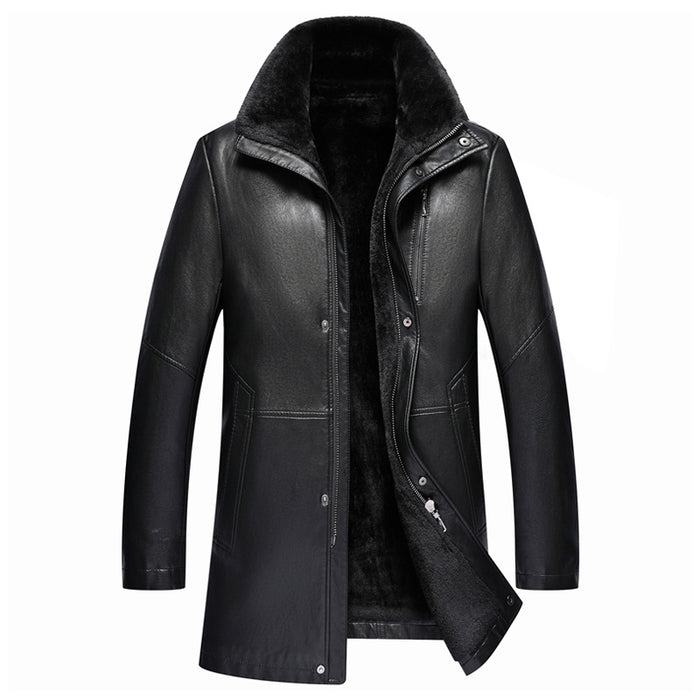 Men's Fleece-Lined Genuine Leather Jacket – Sheepskin Suede Mid-Length Zip Coat with Lapel Collar