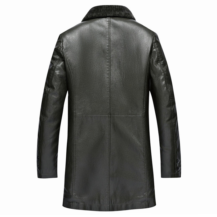 Men's Fleece-Lined Genuine Leather Jacket – Sheepskin Suede Mid-Length Zip Coat with Lapel Collar