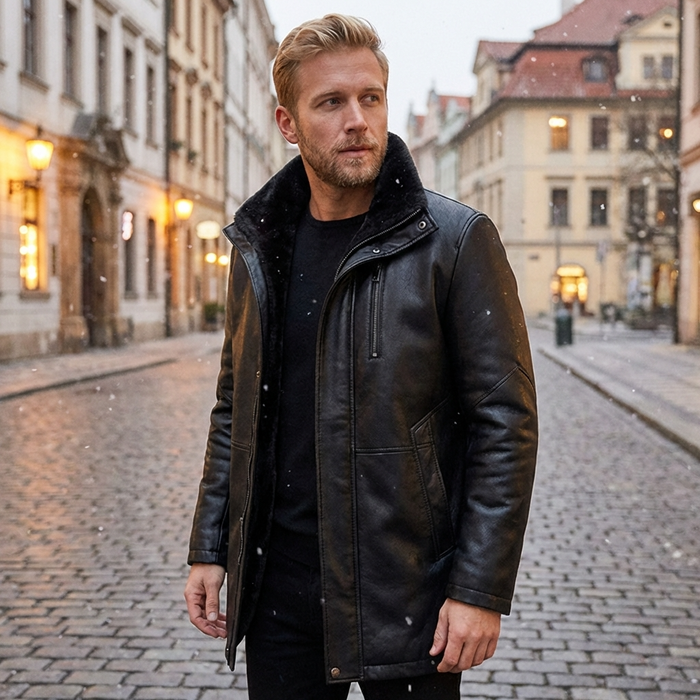 Men's Fleece-Lined Genuine Leather Jacket – Sheepskin Suede Mid-Length Zip Coat with Lapel Collar