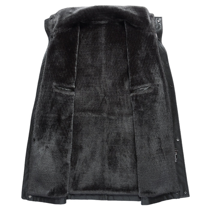 Men's Fleece-Lined Genuine Leather Jacket – Sheepskin Suede Mid-Length Zip Coat with Lapel Collar