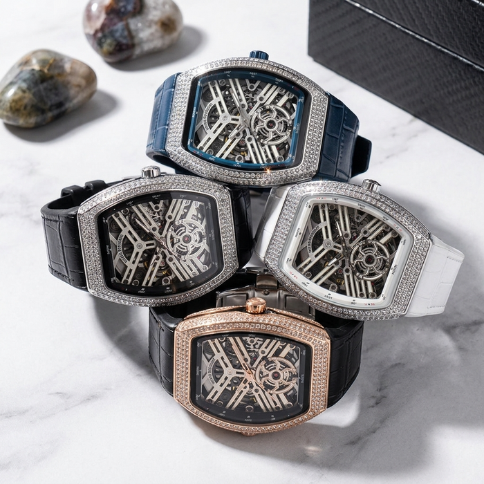 Men's Full Diamond Genuine Leather Mechanical Watch
