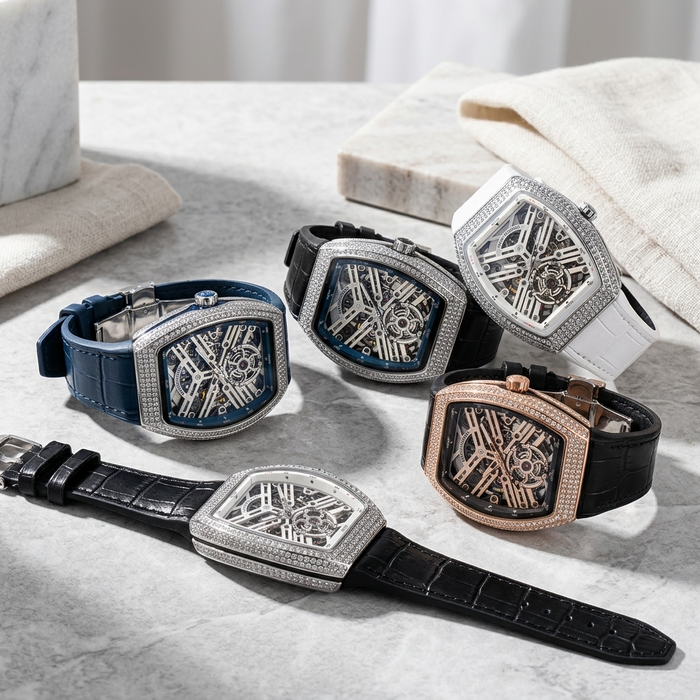 Men's Full Diamond Genuine Leather Mechanical Watch
