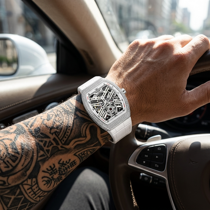 Men's Full Diamond Genuine Leather Mechanical Watch