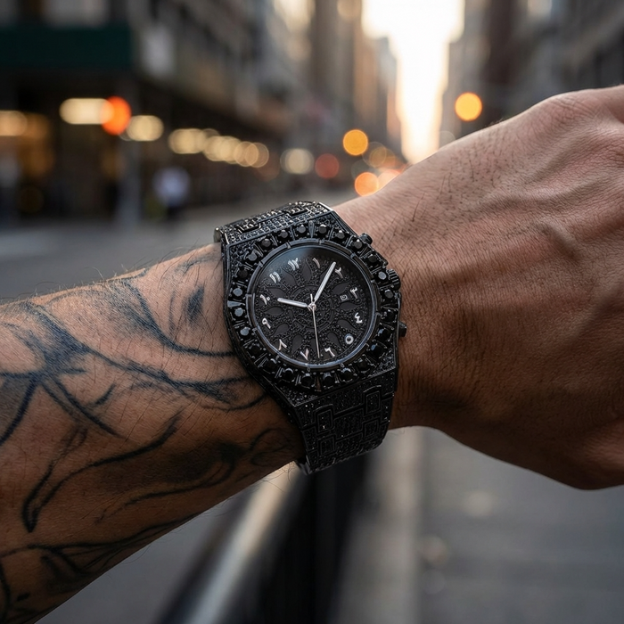 Men's Full Diamond Watch – Hip-Hop Arabic Numeral Quartz 43mm Luxury Waterproof Timepiece