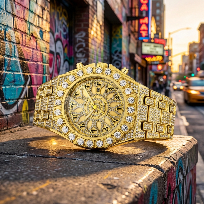 Men's Full Diamond Watch – Hip-Hop Arabic Numeral Quartz 43mm Luxury Waterproof Timepiece