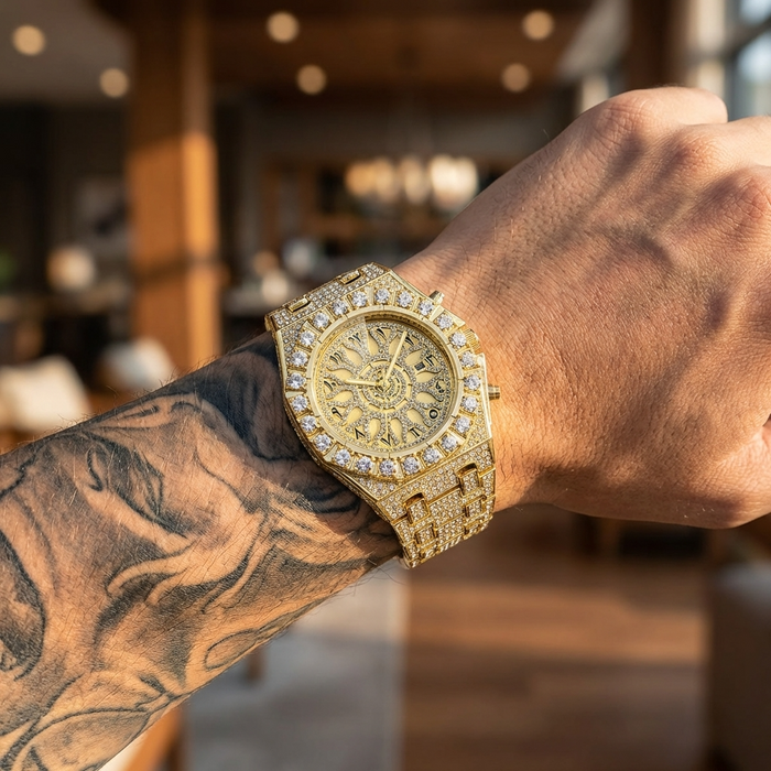 Men's Full Diamond Watch – Hip-Hop Arabic Numeral Quartz 43mm Luxury Waterproof Timepiece