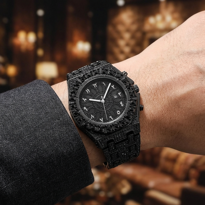 Men's Full Diamond Watch – Hip-Hop Arabic Numeral Quartz 43mm Luxury Waterproof Timepiece