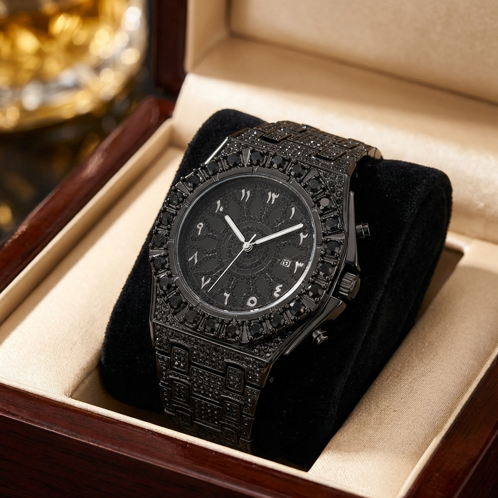 Men's Full Diamond Watch – Hip-Hop Arabic Numeral Quartz 43mm Luxury Waterproof Timepiece