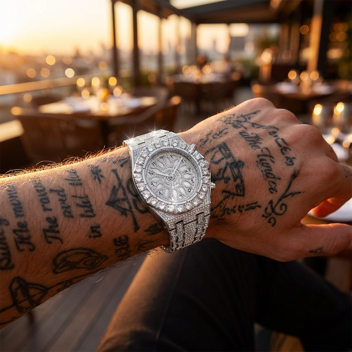 Men's Full Diamond Watch – Hip-Hop Arabic Numeral Quartz 43mm Luxury Waterproof Timepiece