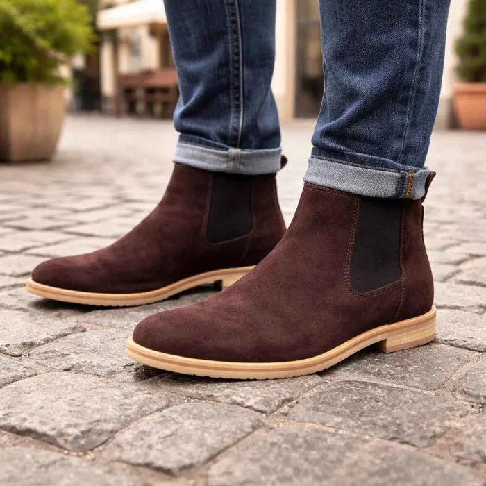 Men's Genuine Cow Suede Chelsea Boots – British Slip-On Mid-Calf Boots with Chunky Heel, EU 39–47