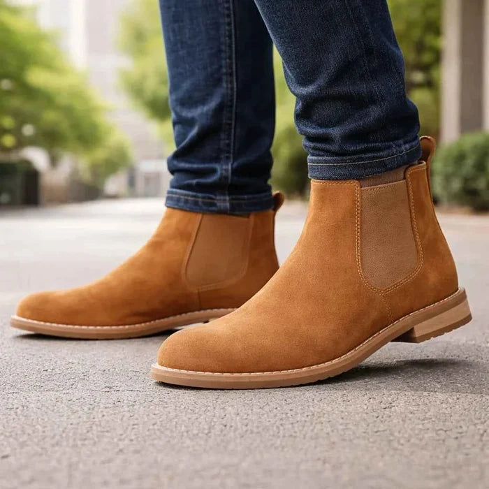 Men's Genuine Cow Suede Chelsea Boots – British Slip-On Mid-Calf Boots with Chunky Heel, EU 39–47
