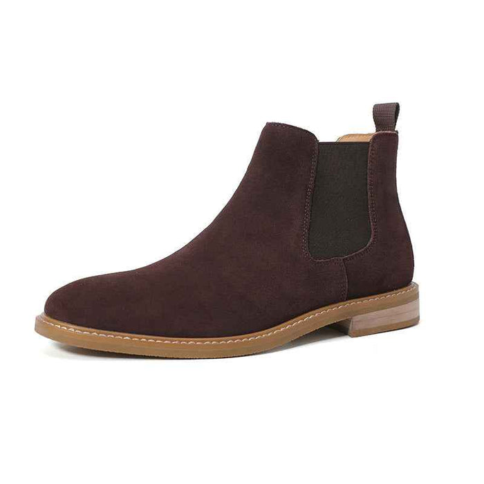 Men's Genuine Cow Suede Chelsea Boots – British Slip-On Mid-Calf Boots with Chunky Heel, EU 39–47