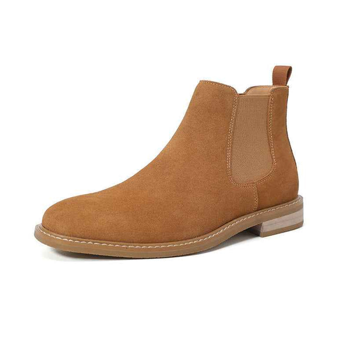Men's Genuine Cow Suede Chelsea Boots – British Slip-On Mid-Calf Boots with Chunky Heel, EU 39–47