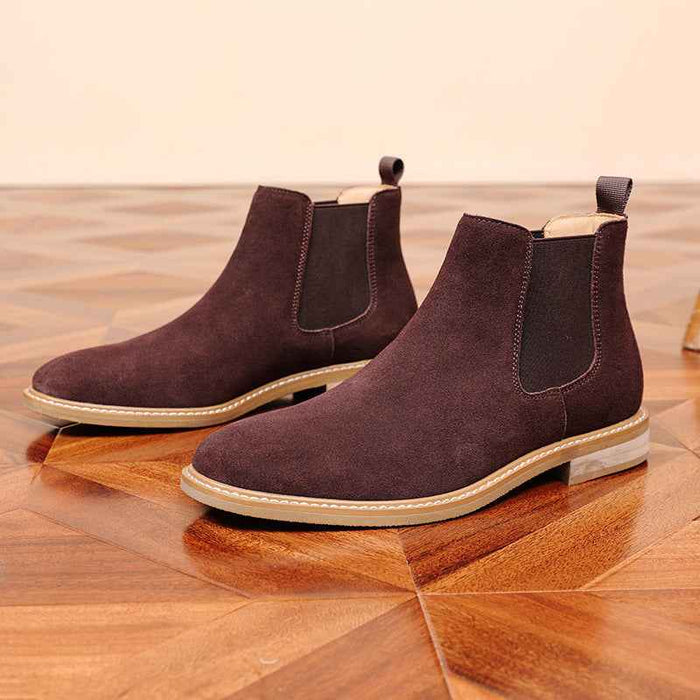 Men's Genuine Cow Suede Chelsea Boots – British Slip-On Mid-Calf Boots with Chunky Heel, EU 39–47