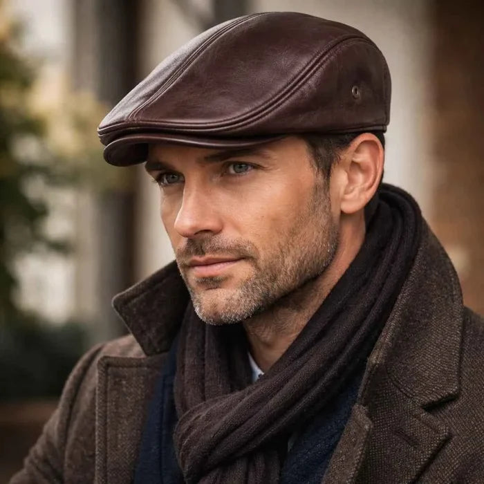 Men's Genuine Leather British Hat – Short Flat Brim Winter Cap, Sizes L–XXL