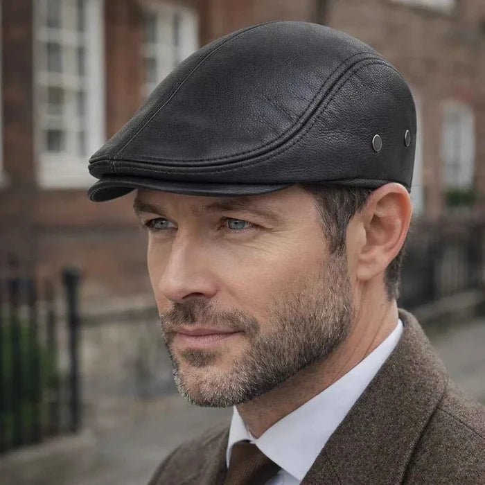 Men's Genuine Leather British Hat – Short Flat Brim Winter Cap, Sizes L–XXL