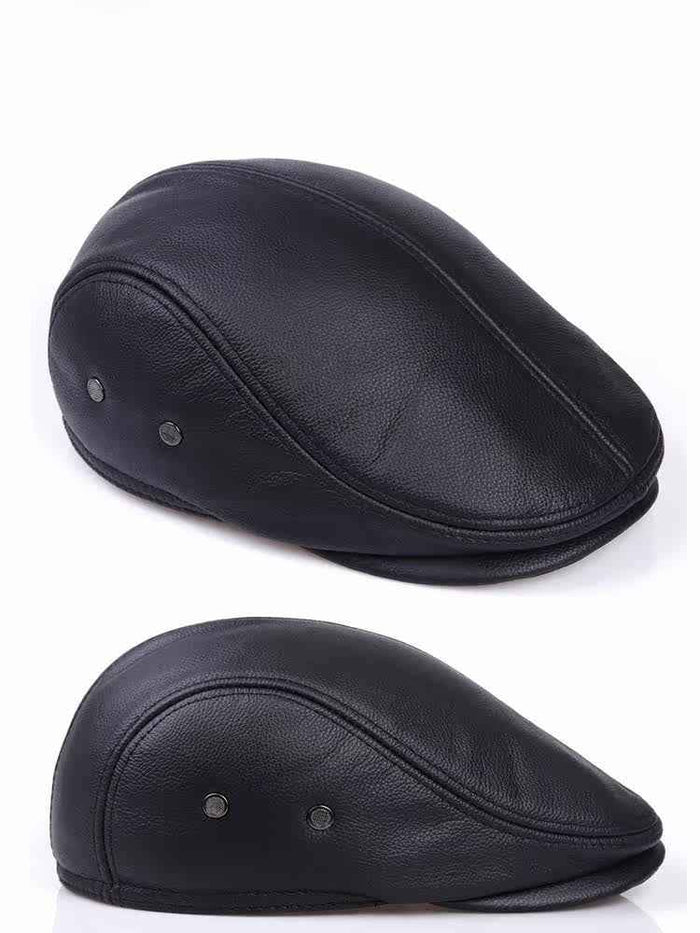 Men's Genuine Leather British Hat – Short Flat Brim Winter Cap, Sizes L–XXL