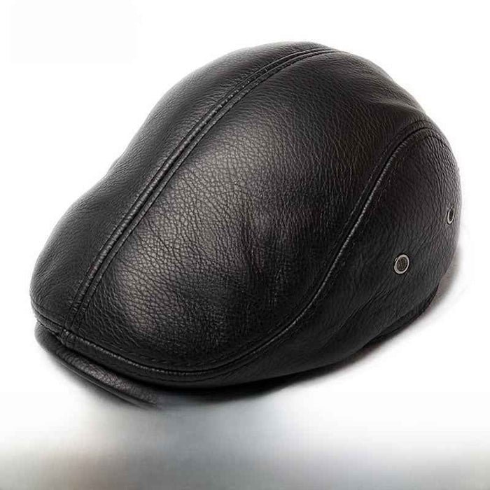 Men's Genuine Leather British Hat – Short Flat Brim Winter Cap, Sizes L–XXL