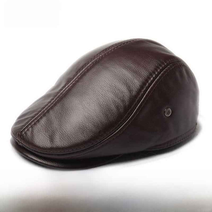Men's Genuine Leather British Hat – Short Flat Brim Winter Cap, Sizes L–XXL