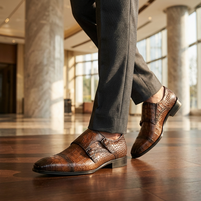 Men's Genuine Leather Dress Boots – Crocodile Pattern Square Toe Slip-On British Style