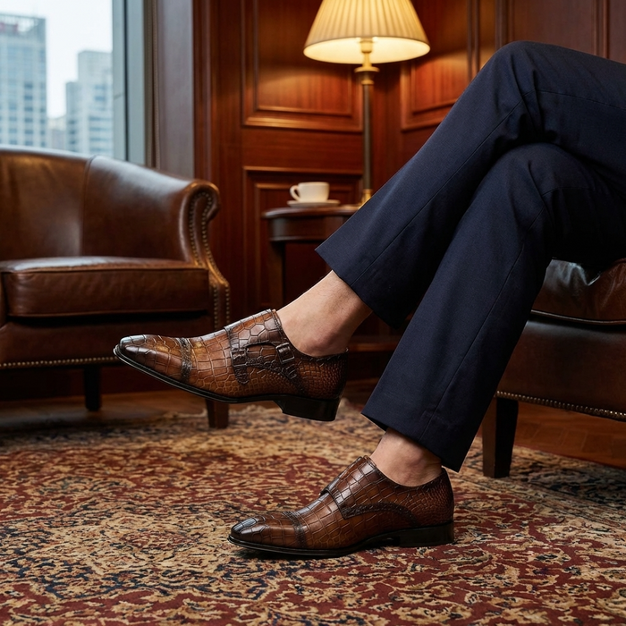 Men's Genuine Leather Dress Boots – Crocodile Pattern Square Toe Slip-On British Style