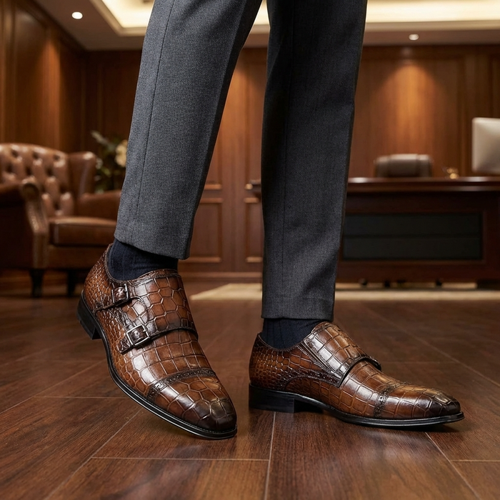 Men's Genuine Leather Dress Boots – Crocodile Pattern Square Toe Slip-On British Style