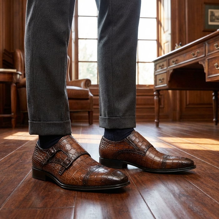 Men's Genuine Leather Dress Boots – Crocodile Pattern Square Toe Slip-On British Style