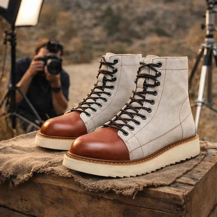 Men's Genuine Leather High-Top Boots – Frosted Cowhide, Lace-Up, Anti-Slip Rubber Sole, EU 38–44, Beige