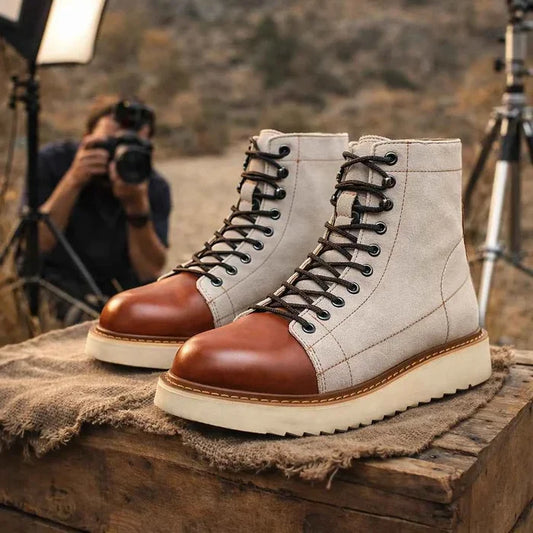 Men's Genuine Leather High-Top Boots – Frosted Cowhide, Lace-Up, Anti-Slip Rubber Sole, EU 38–44, Beige