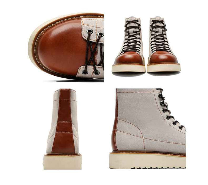 Men's Genuine Leather High-Top Boots – Frosted Cowhide, Lace-Up, Anti-Slip Rubber Sole, EU 38–44, Beige