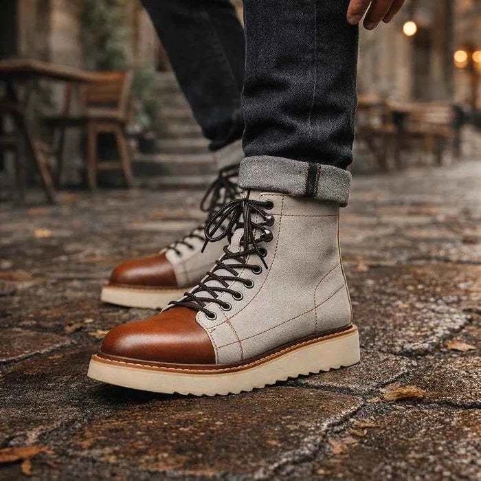 Men's Genuine Leather High-Top Boots – Frosted Cowhide, Lace-Up, Anti-Slip Rubber Sole, EU 38–44, Beige