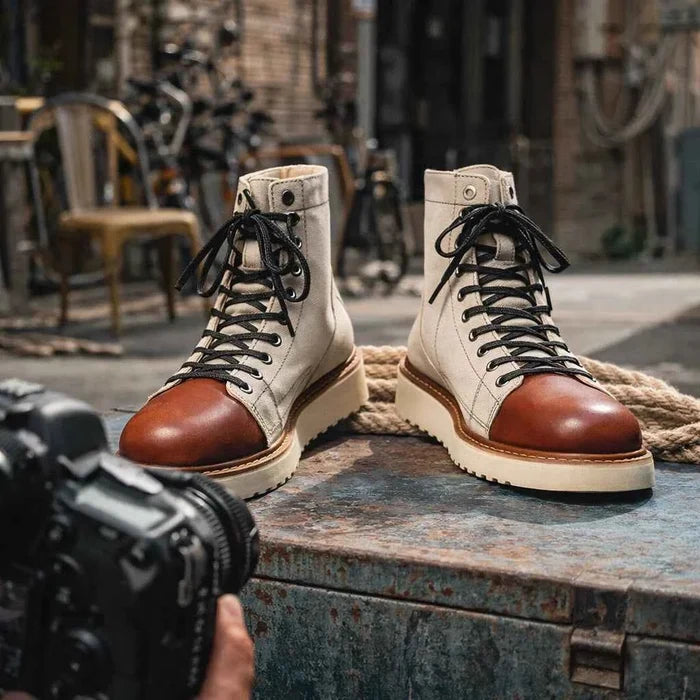 Men's Genuine Leather High-Top Boots – Frosted Cowhide, Lace-Up, Anti-Slip Rubber Sole, EU 38–44, Beige