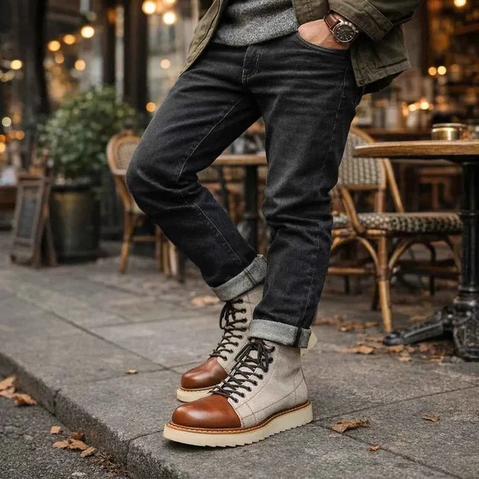 Men's Genuine Leather High-Top Boots – Frosted Cowhide, Lace-Up, Anti-Slip Rubber Sole, EU 38–44, Beige