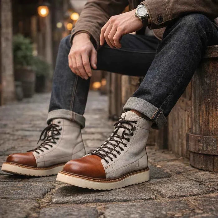Men's Genuine Leather High-Top Boots – Frosted Cowhide, Lace-Up, Anti-Slip Rubber Sole, EU 38–44, Beige