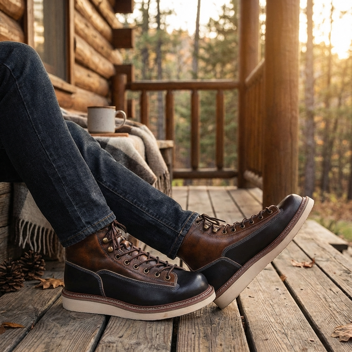Men's Genuine Leather High-Top Martin Boots – British Style Lace-Up Round Toe Combat Work Boots