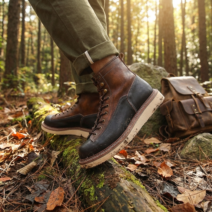 Men's Genuine Leather High-Top Martin Boots – British Style Lace-Up Round Toe Combat Work Boots