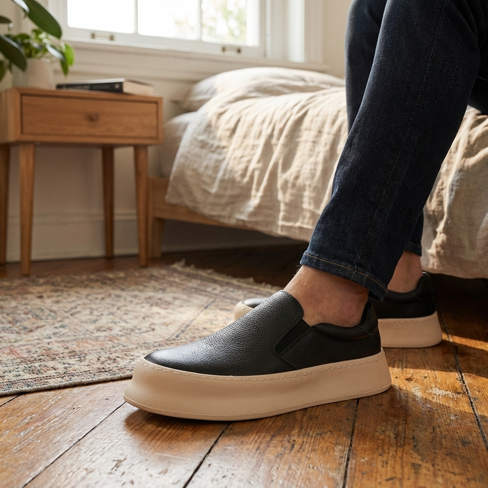 Men's Genuine Leather Slip-On Loafers – Cowhide Casual Shoes with Thick Sole & Anti-Slip Rubber Outsole