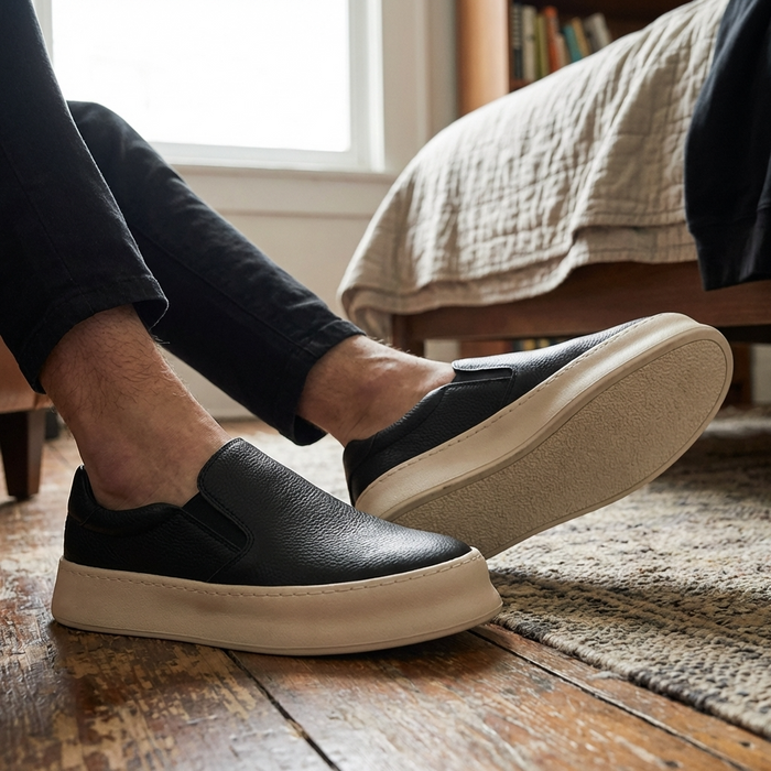 Men's Genuine Leather Slip-On Loafers – Cowhide Casual Shoes with Thick Sole & Anti-Slip Rubber Outsole