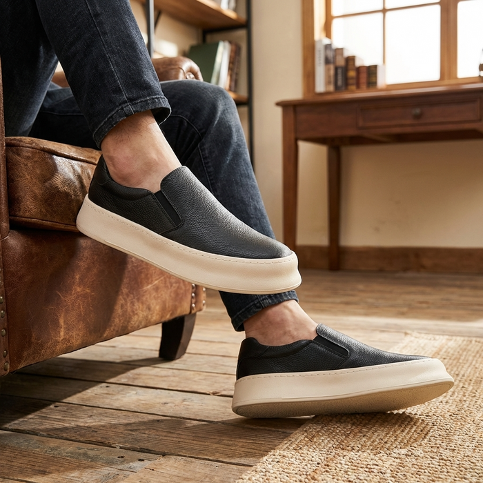 Men's Genuine Leather Slip-On Loafers – Cowhide Casual Shoes with Thick Sole & Anti-Slip Rubber Outsole