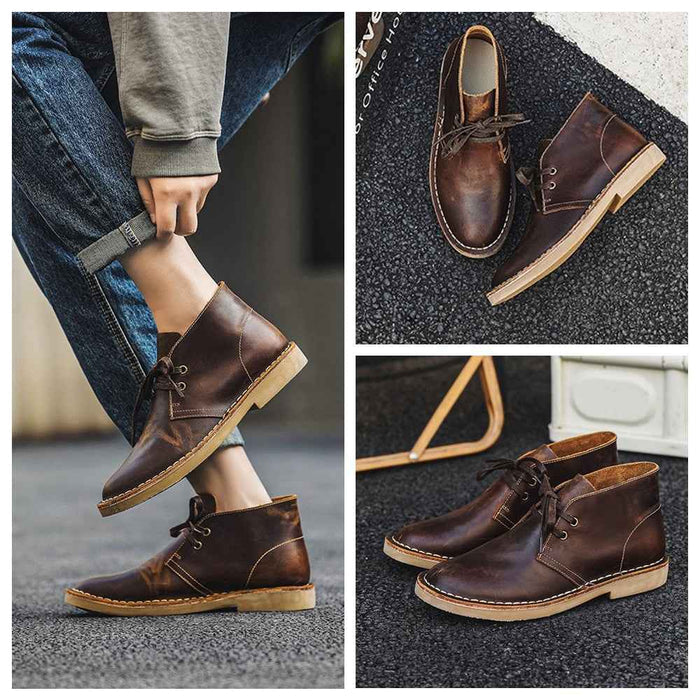 Men's Genuine Leather Vintage Work Boots – Crazy Horse Cowhide, Lace-Up, TPR Sole, Mid-Top Desert Style, EU 39–44