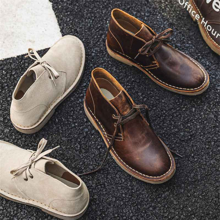 Men's Genuine Leather Vintage Work Boots – Crazy Horse Cowhide, Lace-Up, TPR Sole, Mid-Top Desert Style, EU 39–44