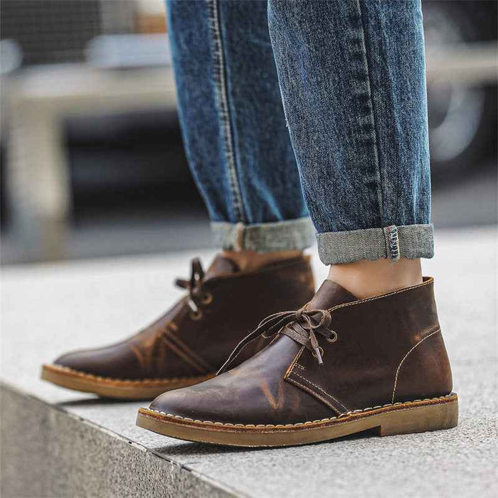Men's Genuine Leather Vintage Work Boots – Crazy Horse Cowhide, Lace-Up, TPR Sole, Mid-Top Desert Style, EU 39–44