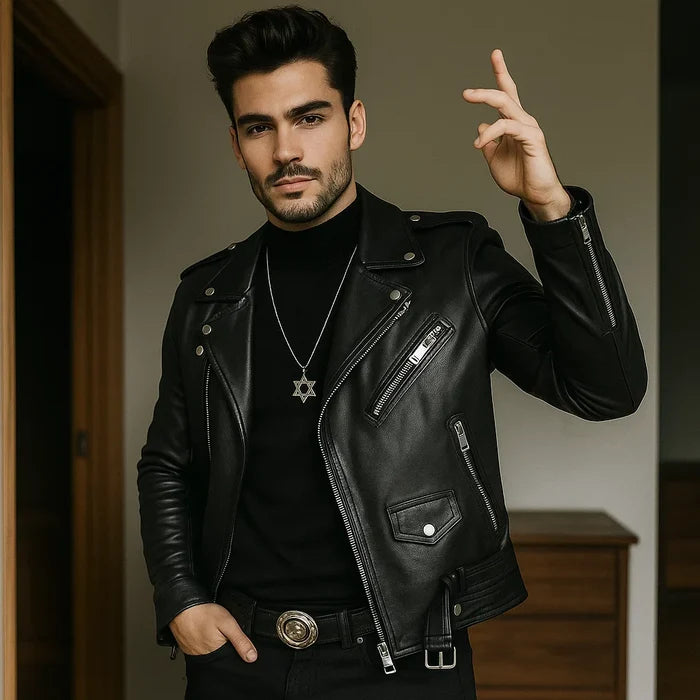 Men's Genuine Sheepskin Leather Lapel Jacket – Classic Black with Relaxed Style