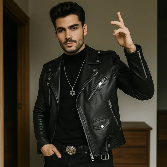 Men's Genuine Sheepskin Leather Lapel Jacket – Classic Black with Relaxed Style