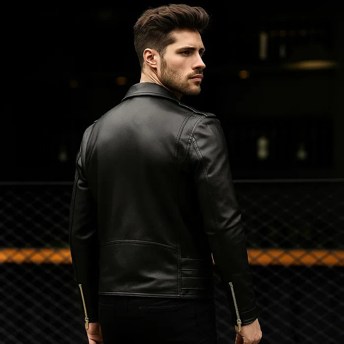 Men's Genuine Sheepskin Leather Lapel Jacket – Classic Black with Relaxed Style