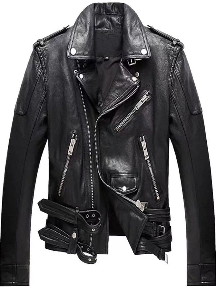 Men's Genuine Sheepskin Leather Lapel Jacket – Classic Black with Relaxed Style