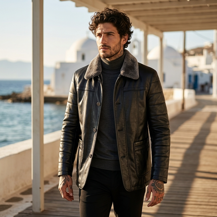 Men's Genuine Sheepskin Mid-Length Leather Coat – Fur-Lined Winter Jacket