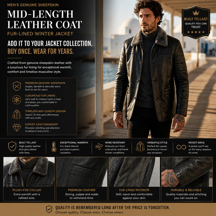 Men's Genuine Sheepskin Mid-Length Leather Coat – Fur-Lined Winter Jacket