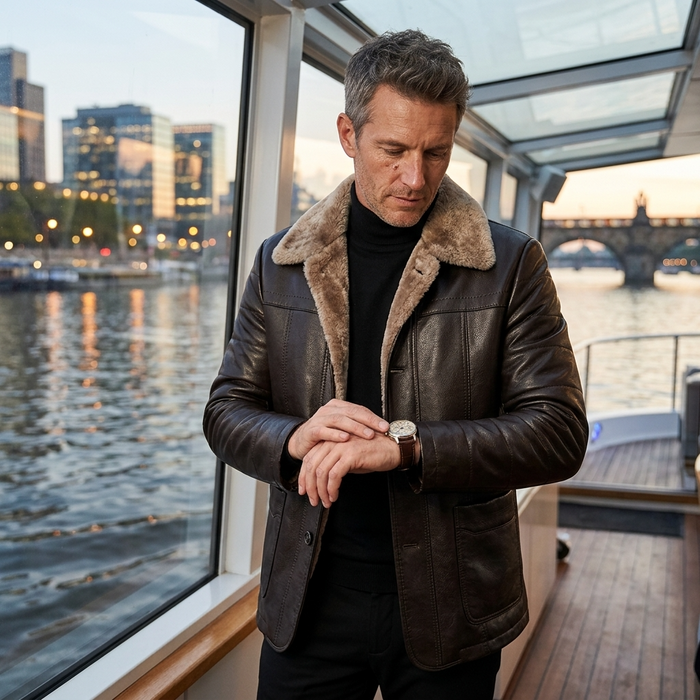 Men's Genuine Sheepskin Mid-Length Leather Coat – Fur-Lined Winter Jacket